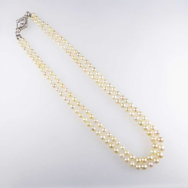 Art Deco two row natural pearl and diamond necklace